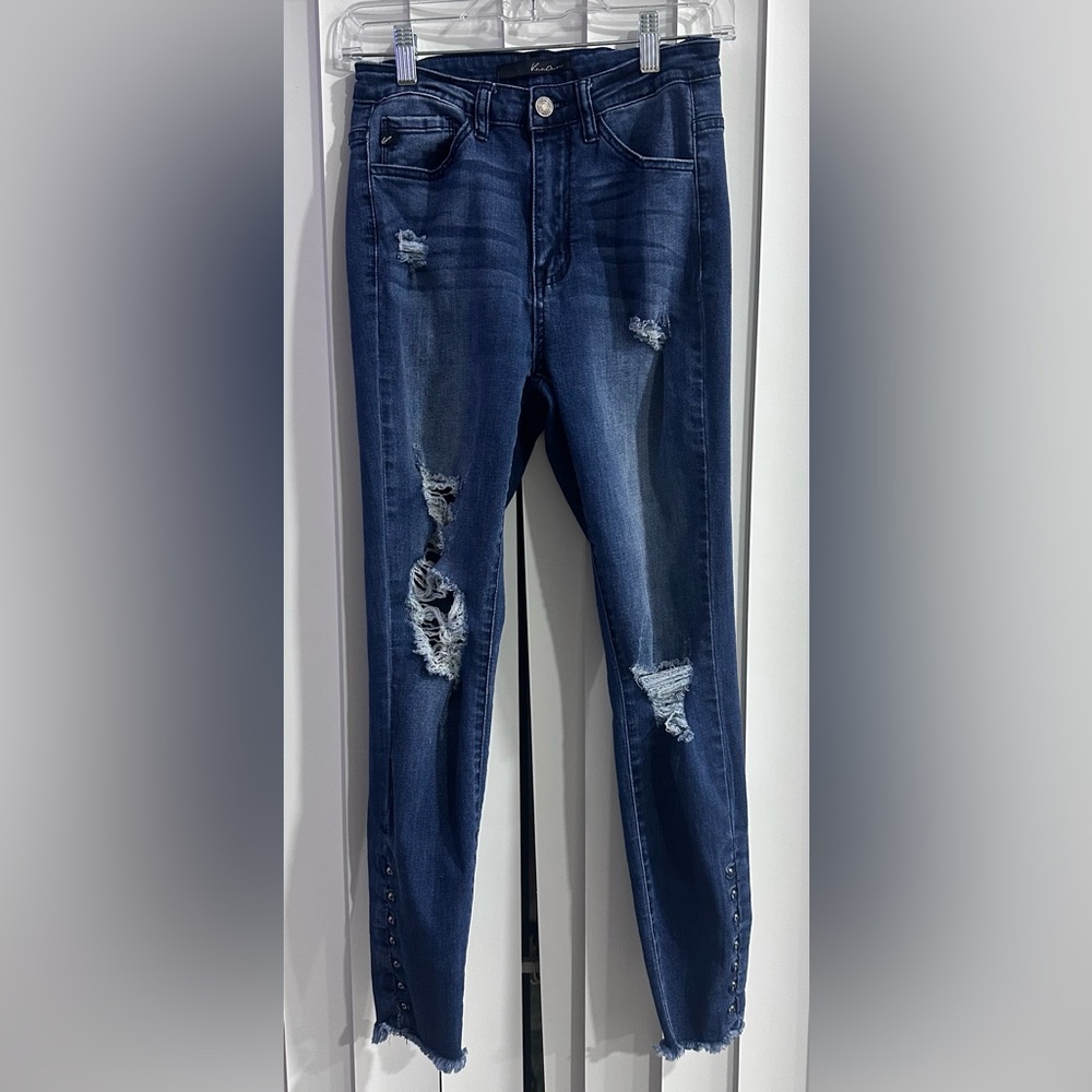 KanCan Dark Blue Distressed Ankle Jeans with Button Detail Size 5 / 26